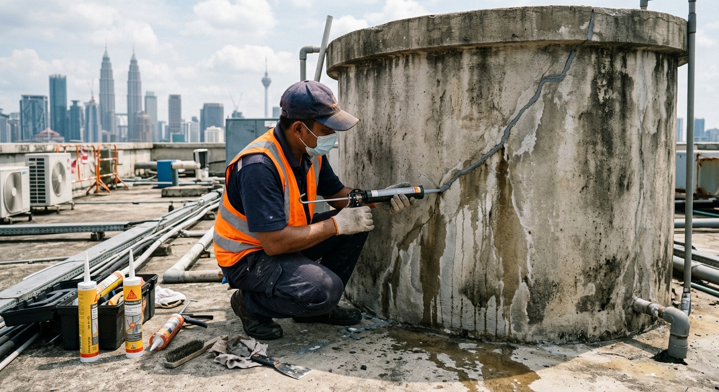 Juruteknik baiki tangki air bocor dan ganti injap semasa servis cuci tangki air