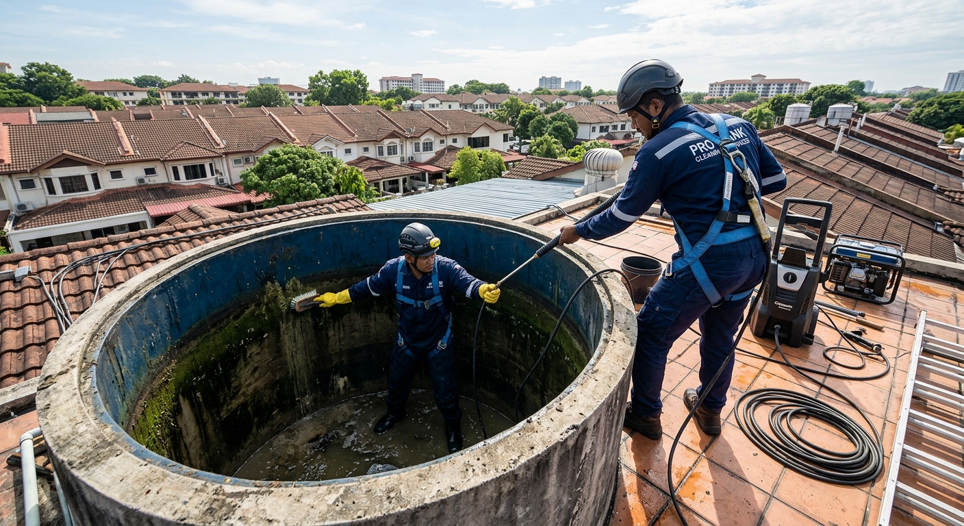 Juruteknik cuci tangki air di atas bumbung bangunan kondominium